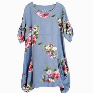 Nwot Vasna Italian Blue w/Pink Floral Linen Boxy  3/4 Sleeve Pockets Shift Dress